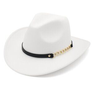White Western Cowboy Hat Wide Brim Fedora Style with Chain Band for Men & Women